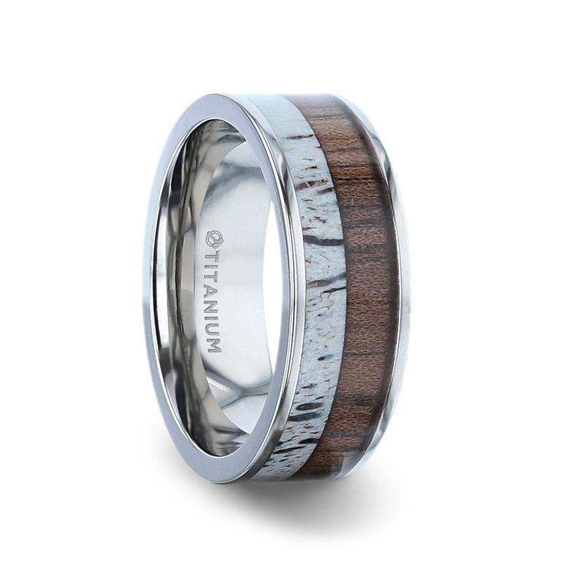 DARBY Titanium Polished Finish Flat Men's Wedding Ring With Deer Antler And Black Walnut Wood Inlay - 8mm - Image 4