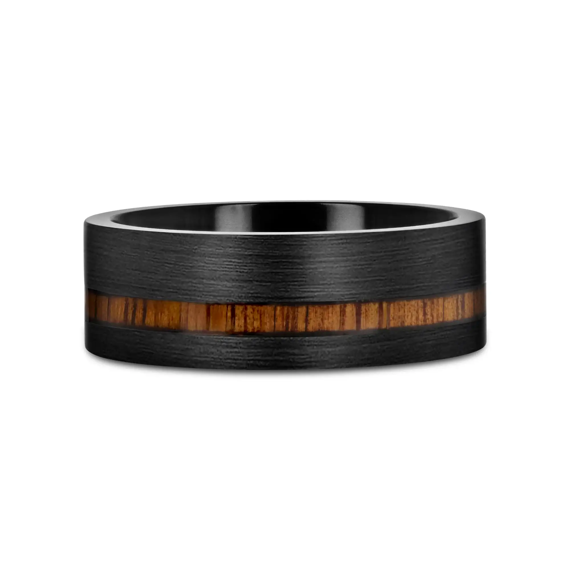 DARING Off-Set Koa Wood Inlaid Black Titanium Men's Wedding Band With Flat Brushed Finish - 8mm - Image 3