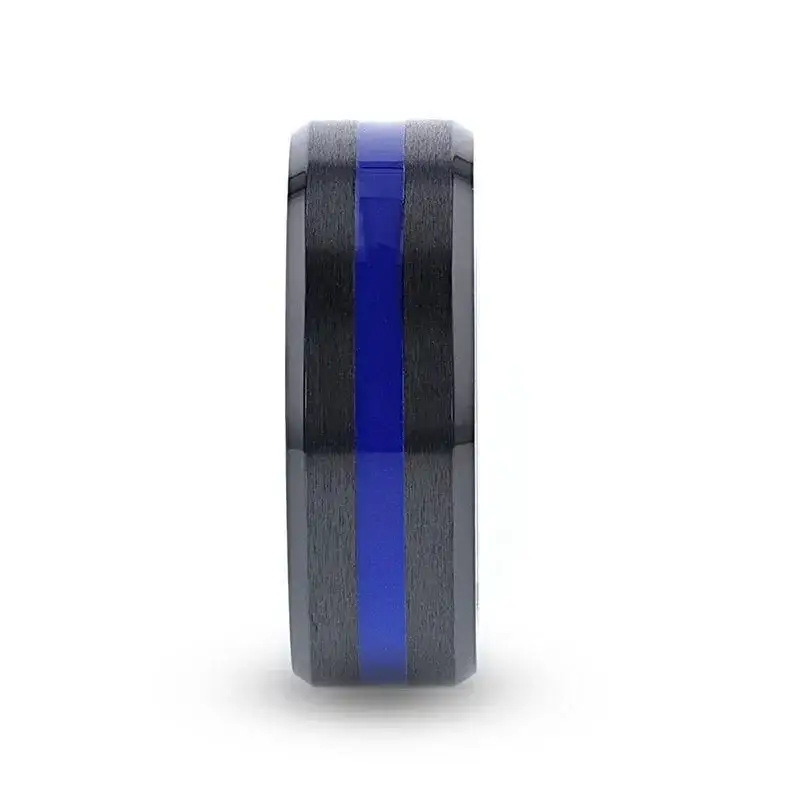 DECLAN Men’s Beveled Black Ceramic Brushed Finish Wedding Band with Polished Blue Stripe - 8mm - Image 2