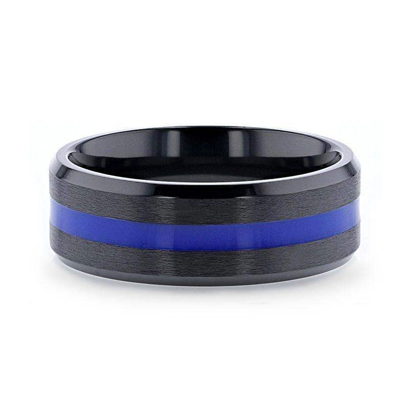 DECLAN Men’s Beveled Black Ceramic Brushed Finish Wedding Band with Polished Blue Stripe - 8mm - Image 3