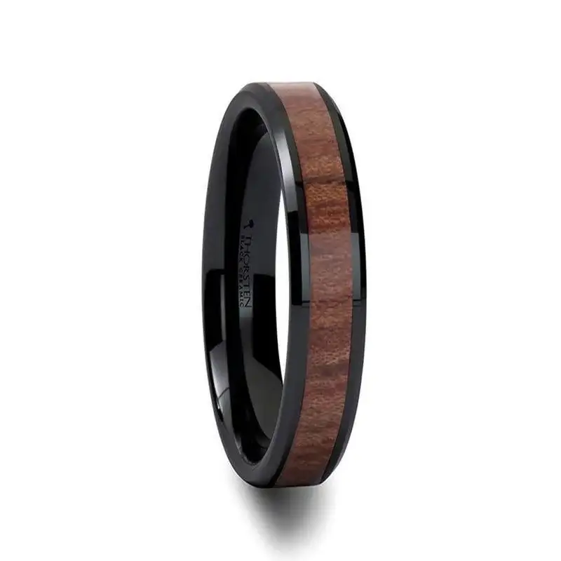 DENALI Black Ceramic Wedding Band with Bevels and Rosewood Inlay - 4mm - 12mm - Image 2