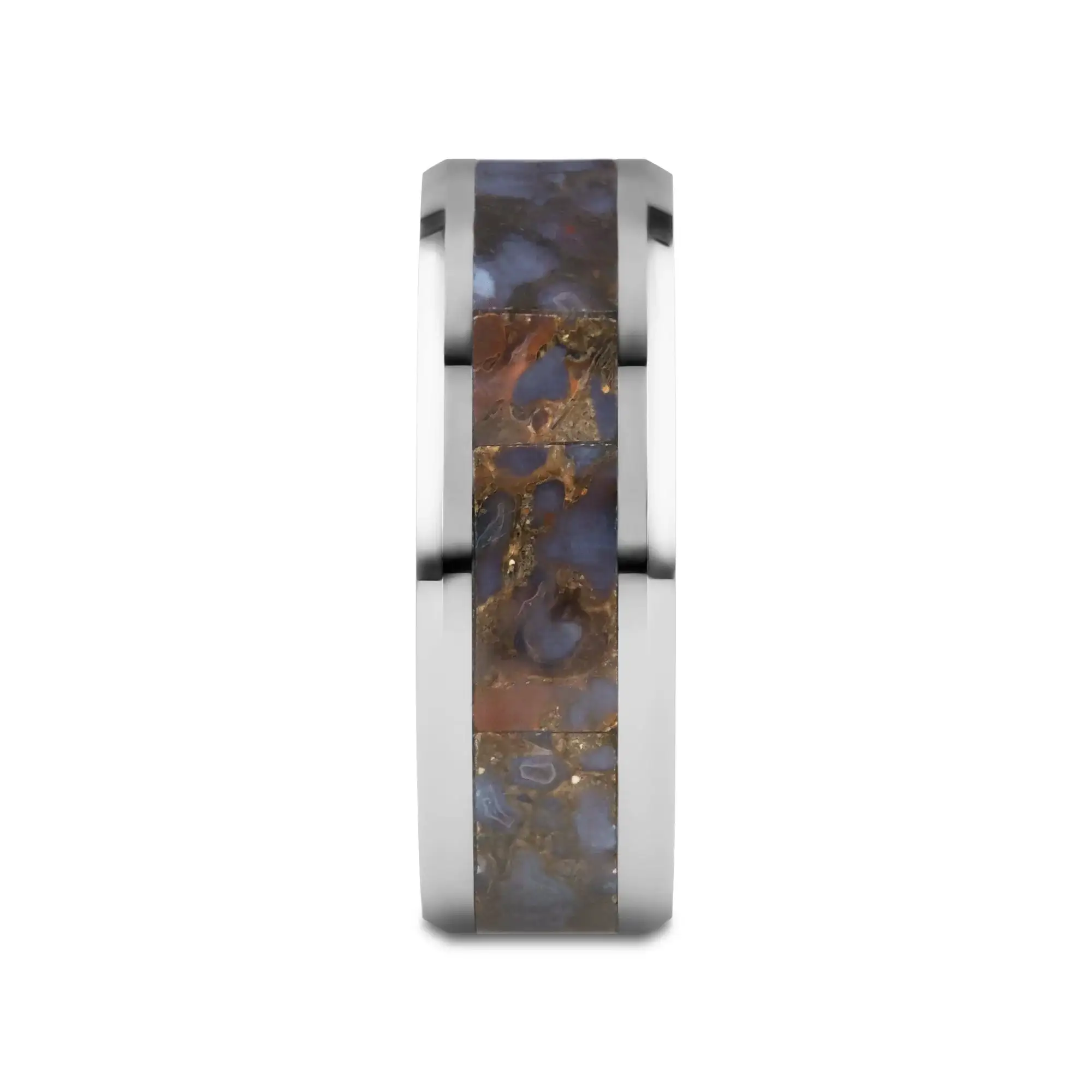 DEVONIAN Blue Dinosaur Bone Inlaid Tungsten Carbide Beveled Edged Ring - 4mm or 8mm - Image 2