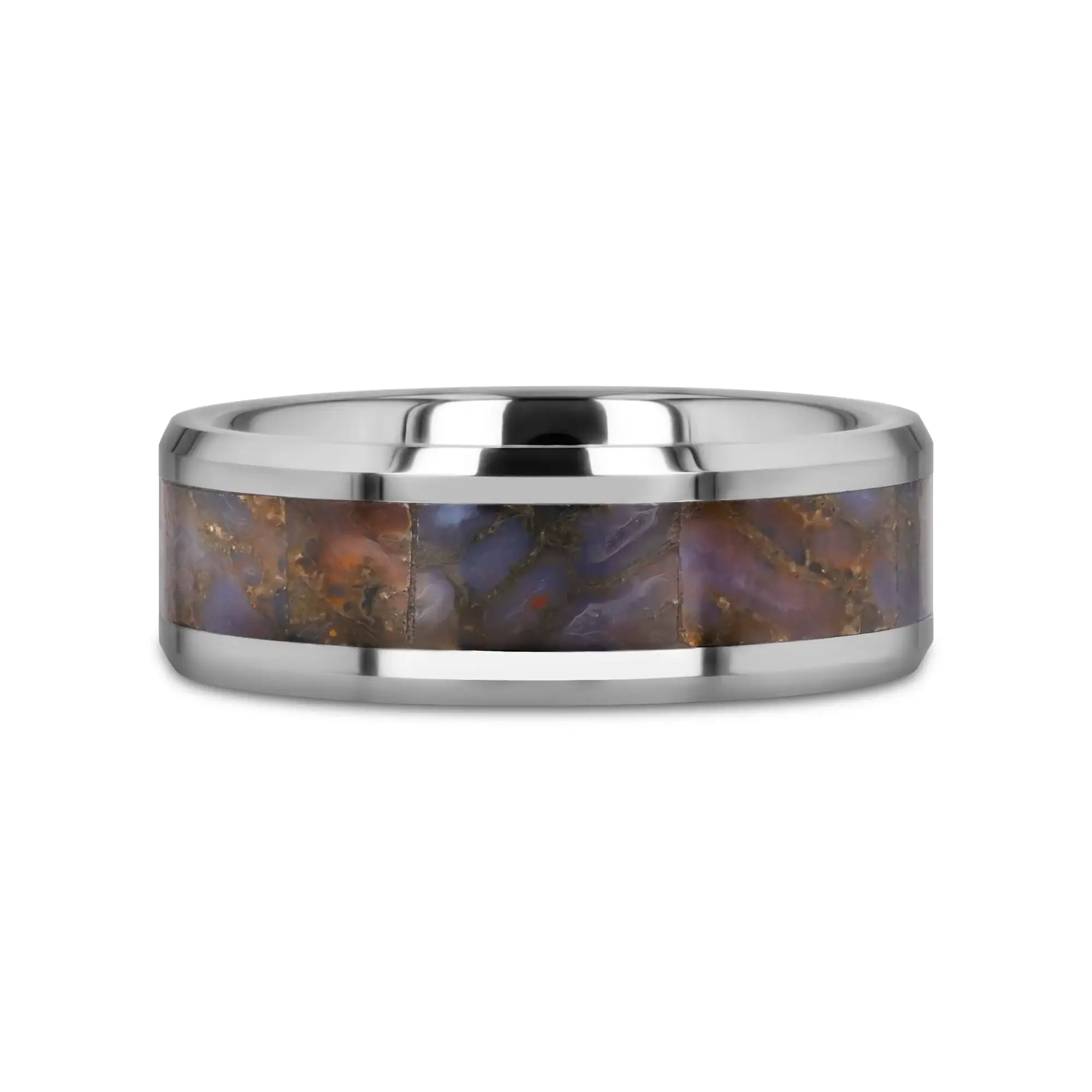 DEVONIAN Blue Dinosaur Bone Inlaid Tungsten Carbide Beveled Edged Ring - 4mm or 8mm - Image 3
