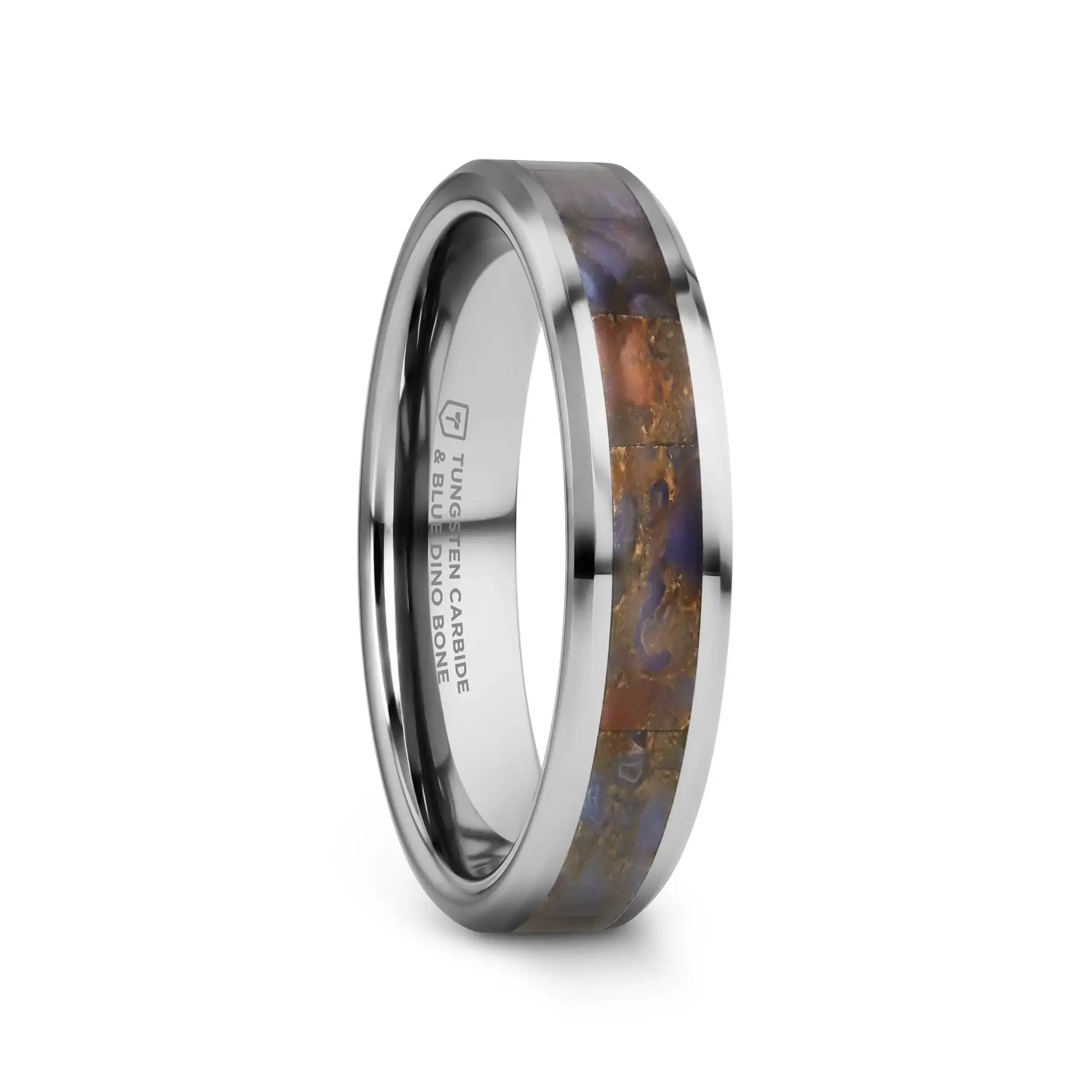 DEVONIAN Blue Dinosaur Bone Inlaid Tungsten Carbide Beveled Edged Ring - 4mm or 8mm - Image 4