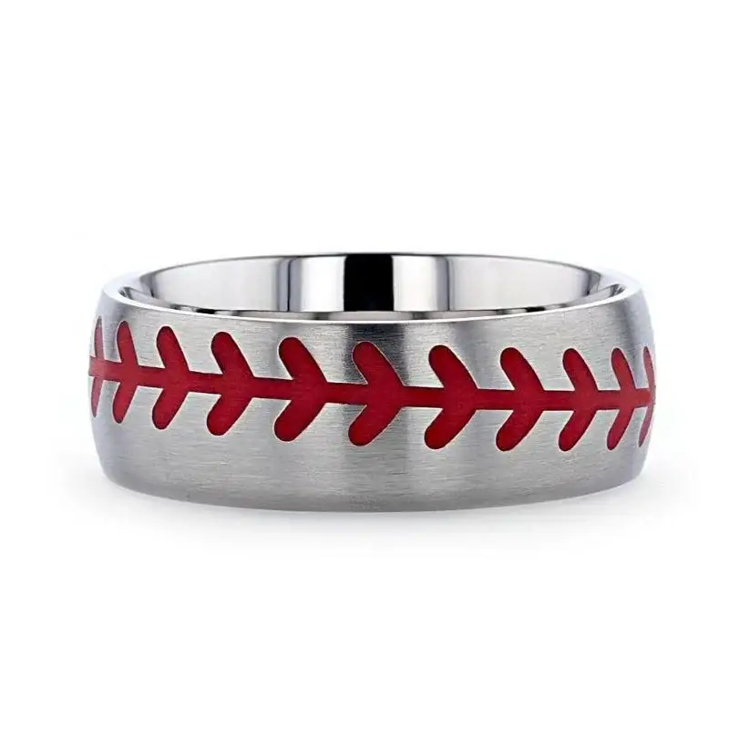 DIMAGGIO Titanium Brushed Finish Ring with Red Baseball Stitching Pattern - 8mm - Image 3