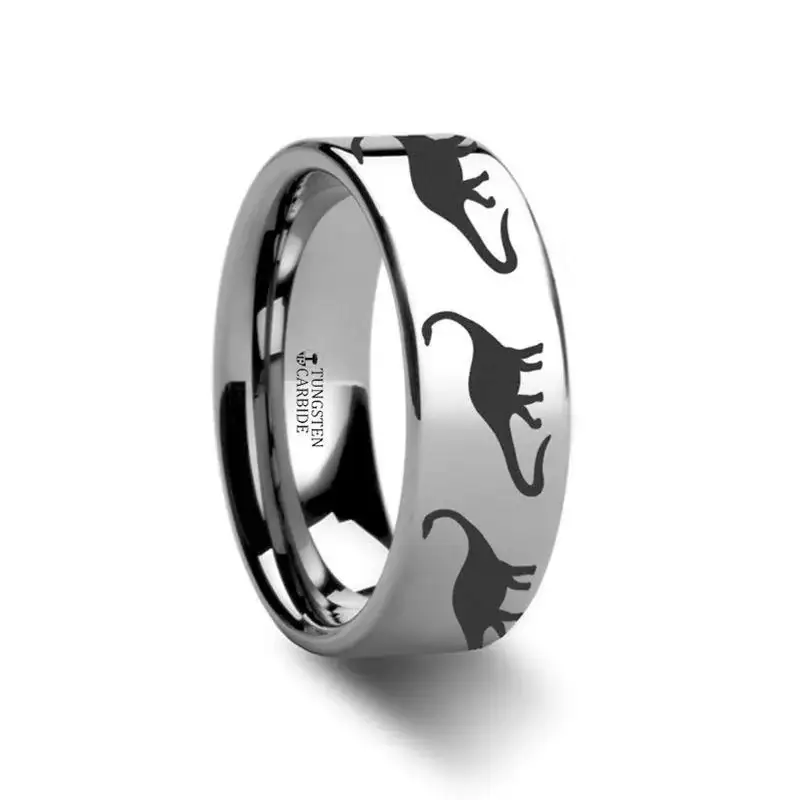 Dinosaur Brachiosaurus Prehistoric Paleo Engraved Flat Tungsten Ring - 4mm - 12mm