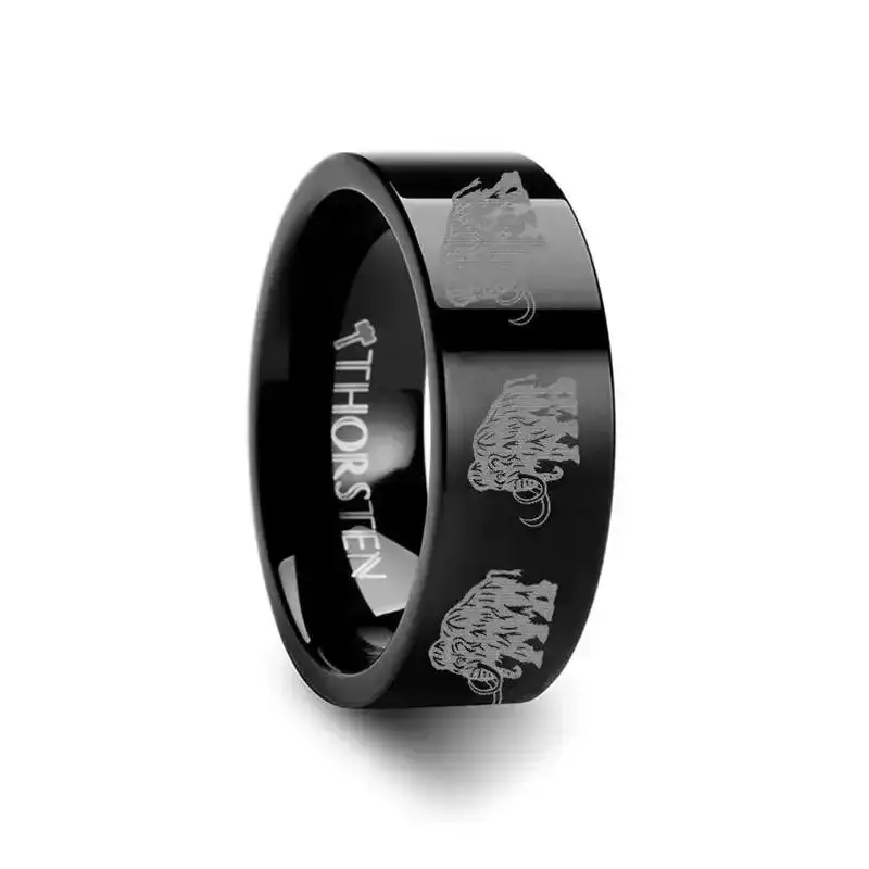 Dinosaur Mammoth Prehistoric Paleo Engraved Flat Black Tungsten Ring - 4mm - 12mm