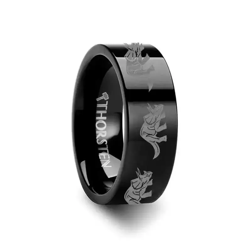 Dinosaur Triceratops Prehistoric Paleo Engraved Flat Black Tungsten Ring - 4mm - 12mm