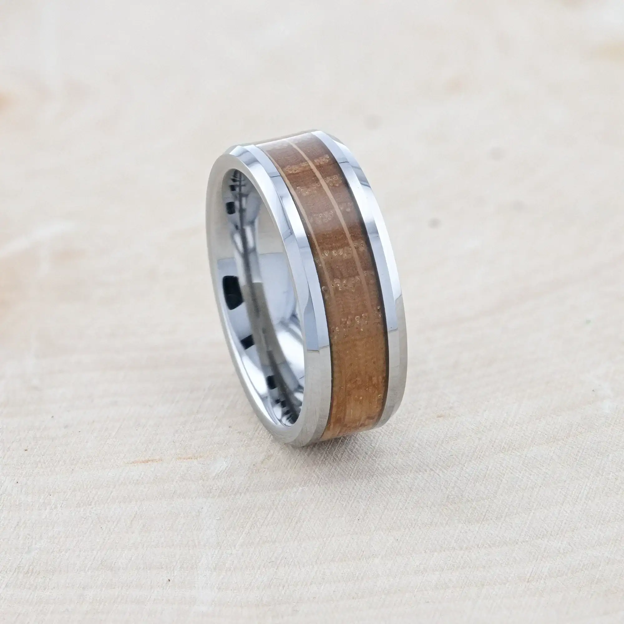 DISTILLED Whiskey Barrel Inlaid Tungsten Men's Wedding Band With Beveled Polished Edges Made From Genuine Whiskey Barrels - 8mm - Image 4