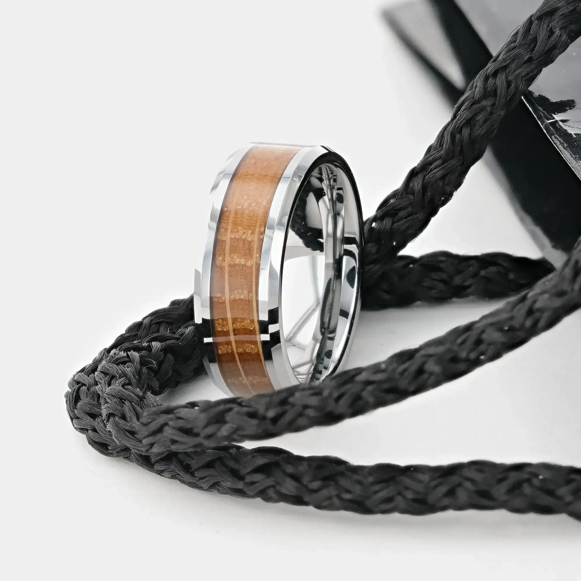DISTILLED Whiskey Barrel Inlaid Tungsten Men's Wedding Band With Beveled Polished Edges Made From Genuine Whiskey Barrels - 8mm - Image 5