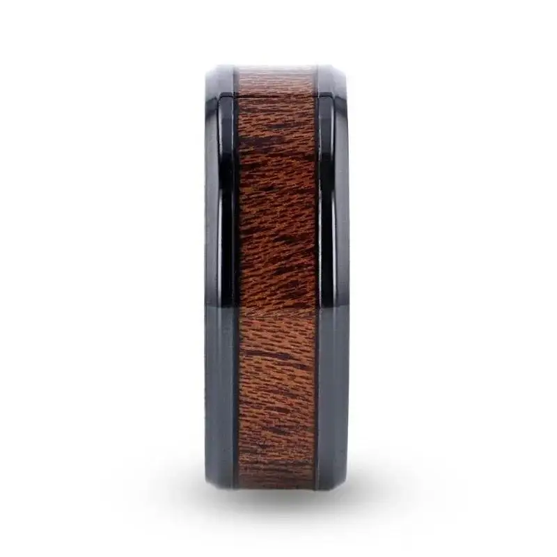 DOMINICA Black Titanium Band with Polished Bevels and Exotic Mahogany Hard Wood Inlay - 8mm - Image 2