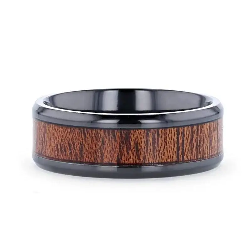 DOMINICA Black Titanium Band with Polished Bevels and Exotic Mahogany Hard Wood Inlay - 8mm - Image 3