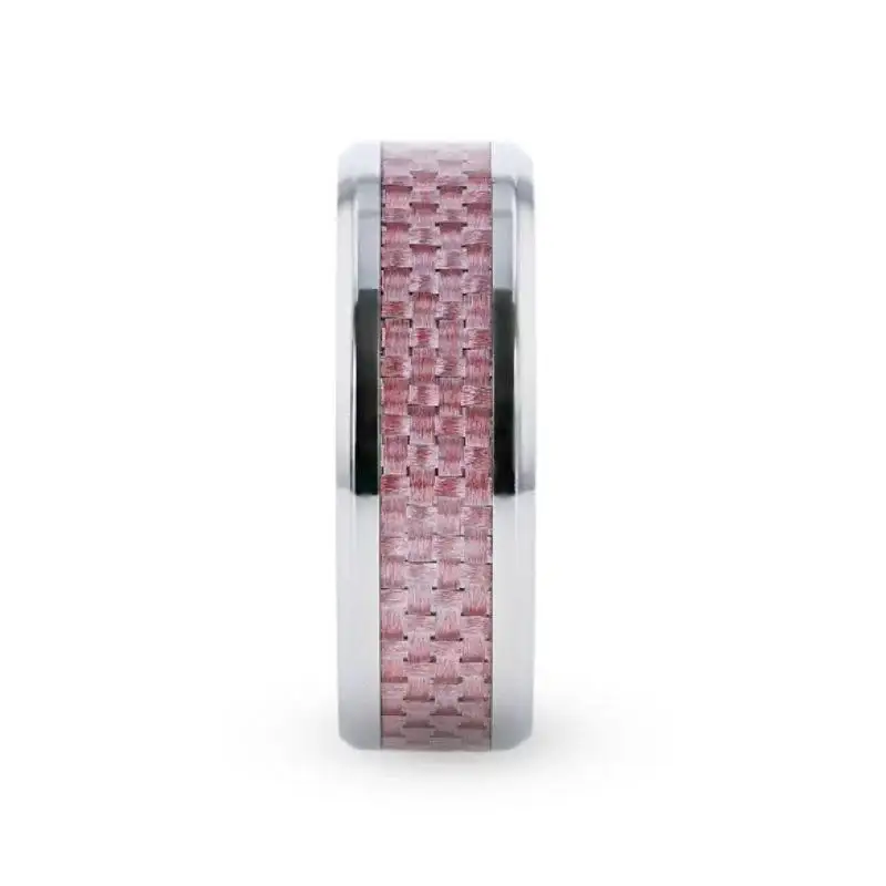 DOMINIQUE Pink Carbon Fiber Inlaid Titanium Flat Polished Finish Band With Beveled Edges - 8mm - Image 2
