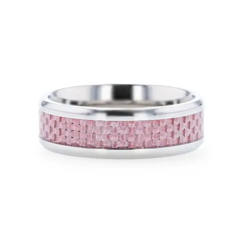 DOMINIQUE Pink Carbon Fiber Inlaid Titanium Flat Polished Finish Band With Beveled Edges - 8mm - Image 3