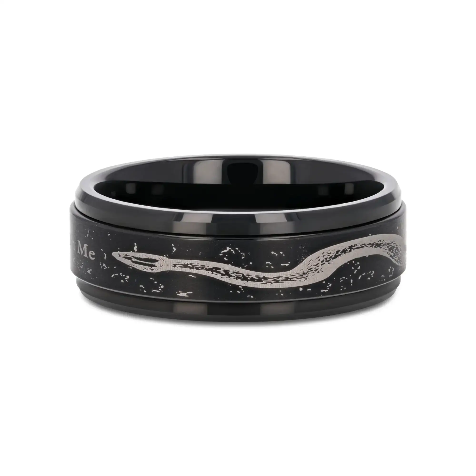 "Don't Tread on Me" Engraved Black Tungsten Spinner Ring with Snake Design - Image 4