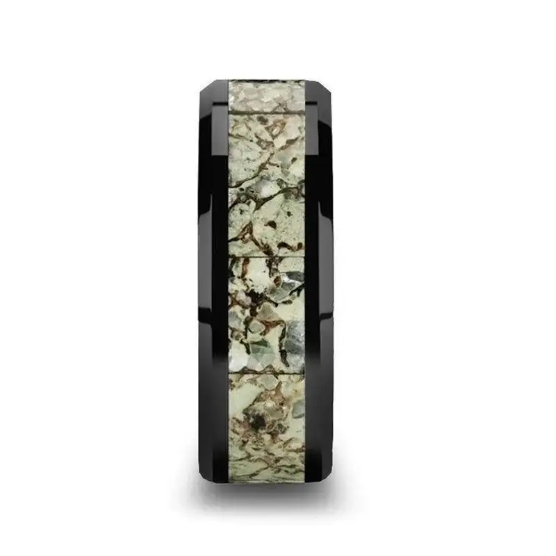 DROGON Light Green Dinosaur Bone Inlaid Black Ceramic Men’s Wedding Band with Polished Beveled Edges – 8mm - Image 2