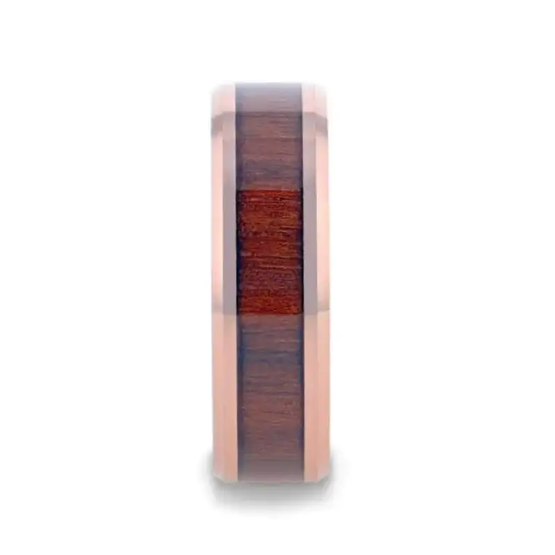DYLAN Rose Gold Plated Koa Wood Inlaid Tungsten Men's Wedding Band with Beveled Polished Edges - 8mm - Image 2