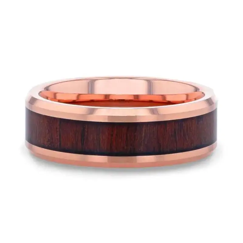 DYLAN Rose Gold Plated Koa Wood Inlaid Tungsten Men's Wedding Band with Beveled Polished Edges - 8mm - Image 3