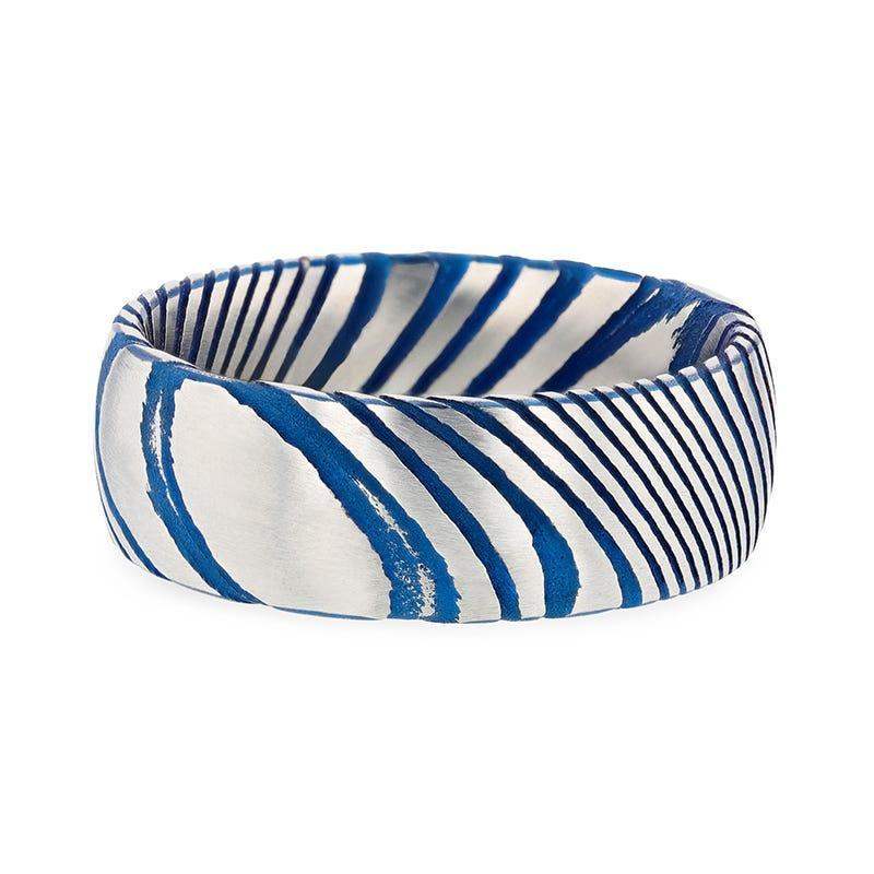EARL Blue Domed Brushed Damascus Steel Men’s Wedding Band with Vivid Etched Design - 6mm & 8mm - Image 3