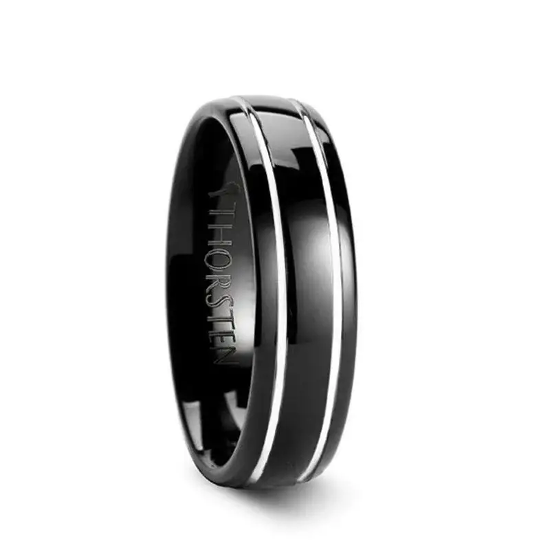 ECLIPSE Domed Black Tungsten Ring with Polished Offset Grooves - 6mm & 8mm - Image 3