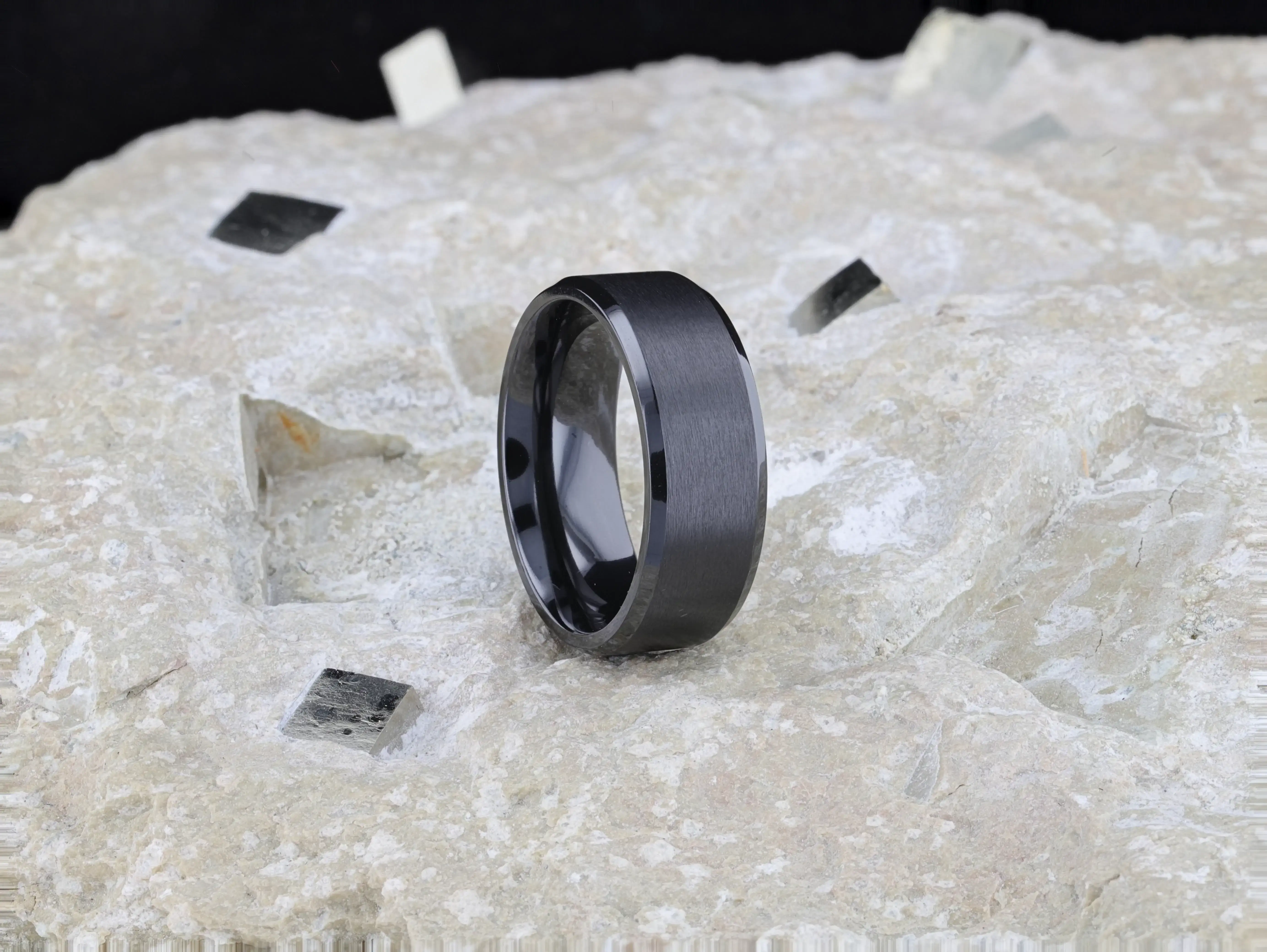 ELYSIAN Black Titanium Ring with Polished Beveled Edges and Brushed Center – 8mm - Image 8