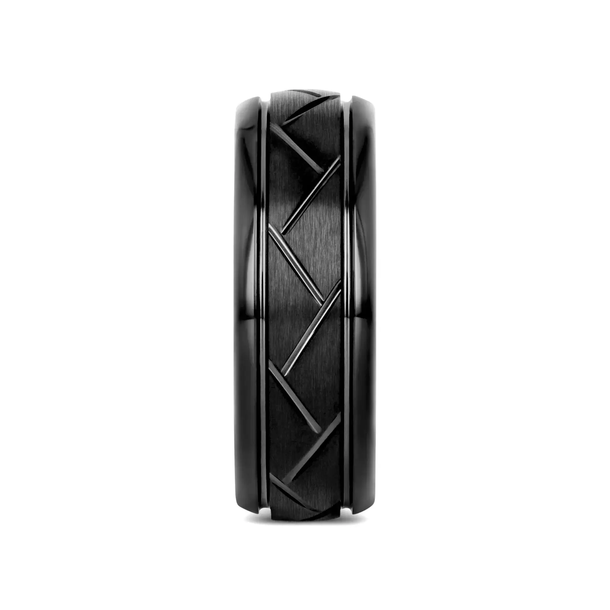 ENIGMA Domed Black Tungsten Ring with Brushed Cross Alternating Diagonal Cuts Pattern – 8mm - Image 2