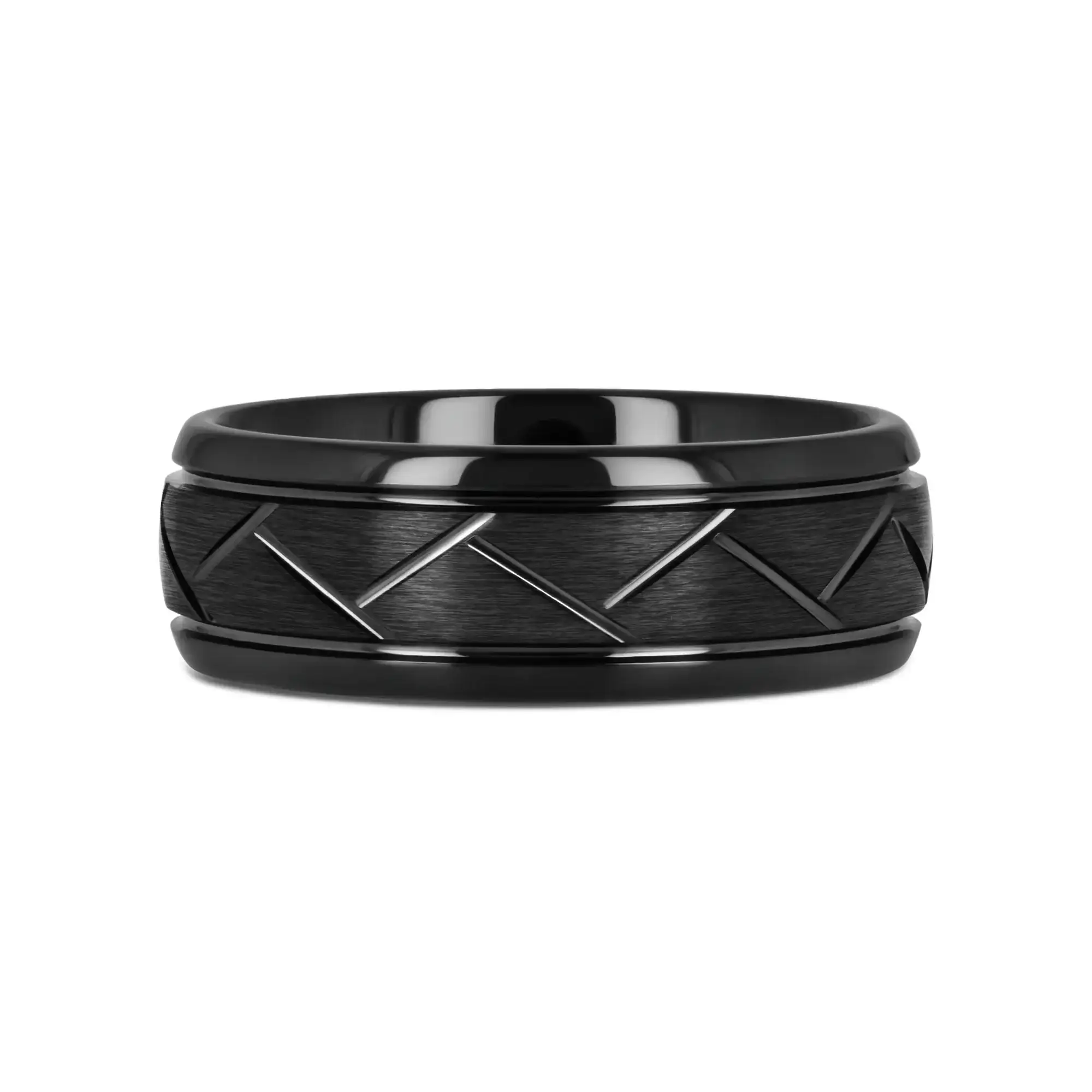 ENIGMA Domed Black Tungsten Ring with Brushed Cross Alternating Diagonal Cuts Pattern – 8mm - Image 3