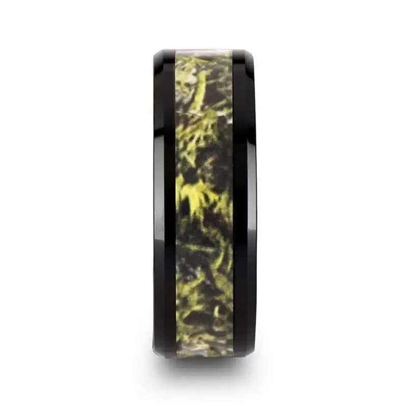 EVERGLADE Black Ceramic Wedding Band with Green Marsh Camo Inlay - 8mm - Image 2