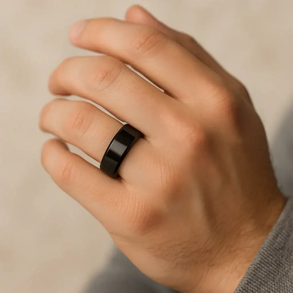 EXODUS Black Titanium Wedding Ring with Beveled Edges - 8mm - Image 4