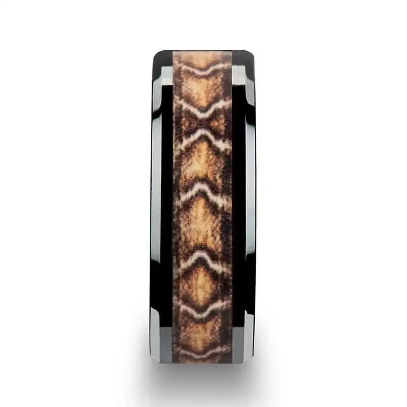 FANG Black Ceramic Wedding Ring with Boa Snake Skin Design Inlay - 8mm - Image 2