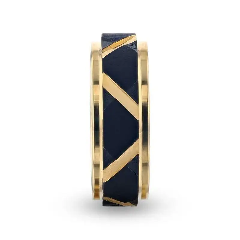 FLEMING Yellow Gold Polished Step Edged Titanium Men's Wedding Band With Matte Black Raised Horizontal Etches and Diagonal-Shape Cut Inlay - 8mm - Image 2