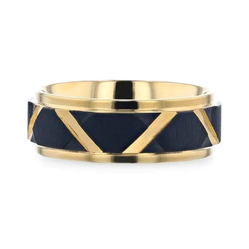 FLEMING Yellow Gold Polished Step Edged Titanium Men's Wedding Band With Matte Black Raised Horizontal Etches and Diagonal-Shape Cut Inlay - 8mm - Image 3