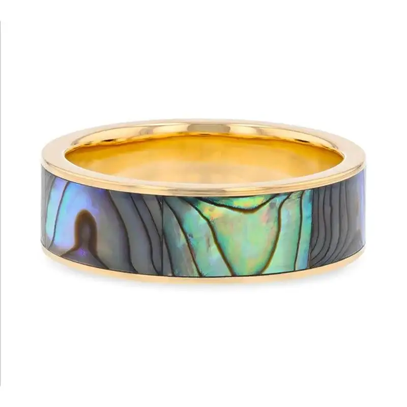 GALAN Flat 14K Yellow Gold Ring with Mother of Pearl Inlay and Polished Edges - 8mm - Image 3