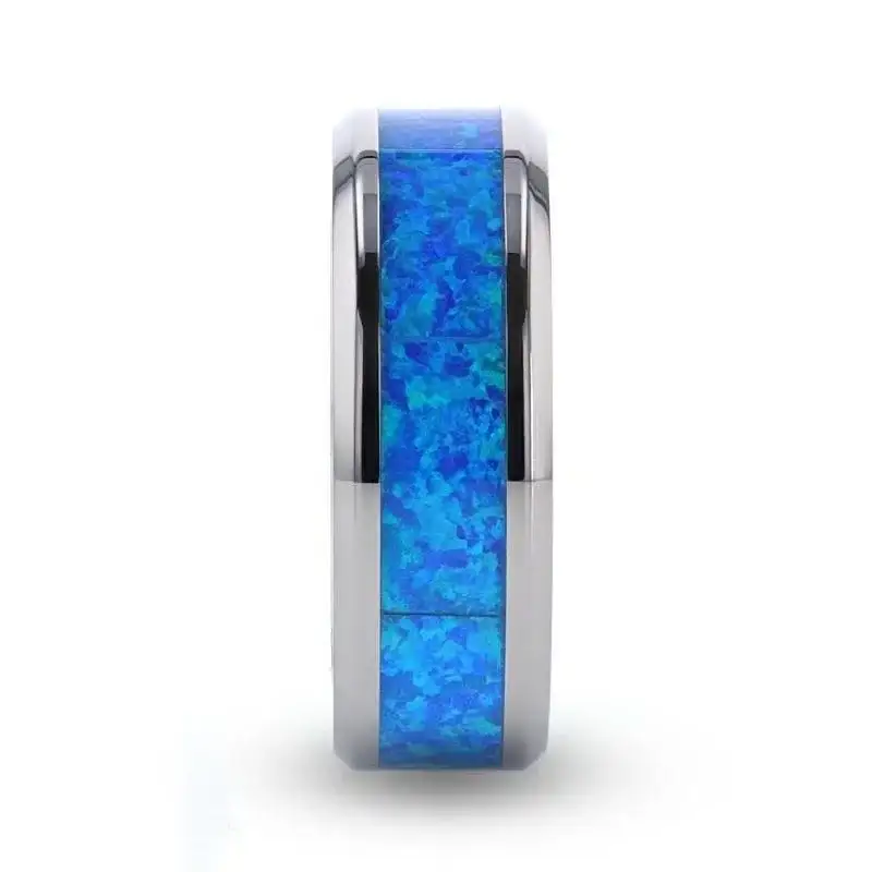 GALAXY Titanium Polished Beveled Edge Ring with Blue Green Opal Inlay - 8mm - Image 2