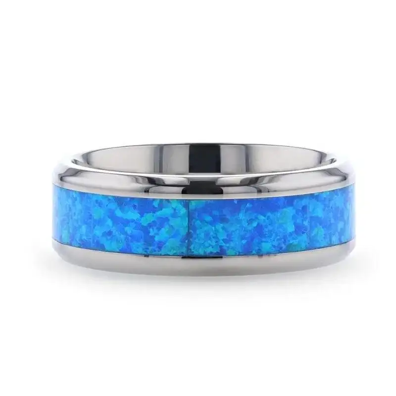 GALAXY Titanium Polished Beveled Edge Ring with Blue Green Opal Inlay - 8mm - Image 3