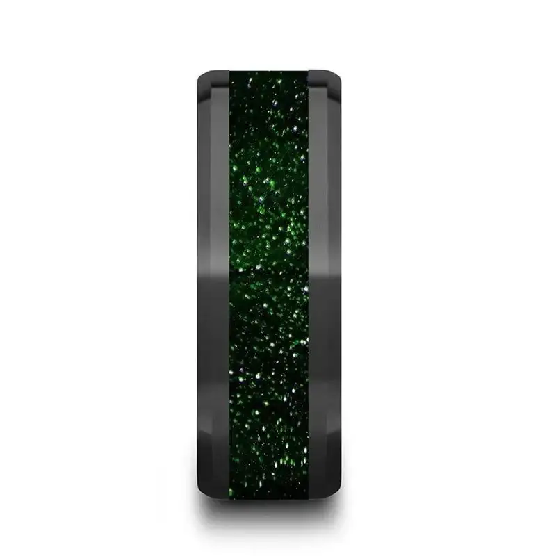 GIOVANNI Men’s Polished Finish Black Ceramic Beveled Wedding Band with Green Goldstone Inlay - 8mm - Image 2
