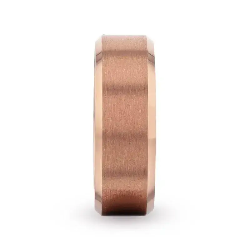 GLORY Rose Gold Plated Brushed Finish Center Titanium Men's Wedding Band With Polished Beveled Edges - 8mm - Image 2