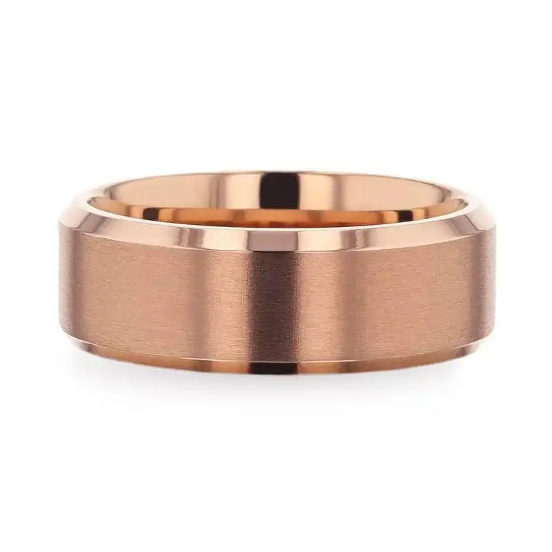 GLORY Rose Gold Plated Brushed Finish Center Titanium Men's Wedding Band With Polished Beveled Edges - 8mm - Image 3