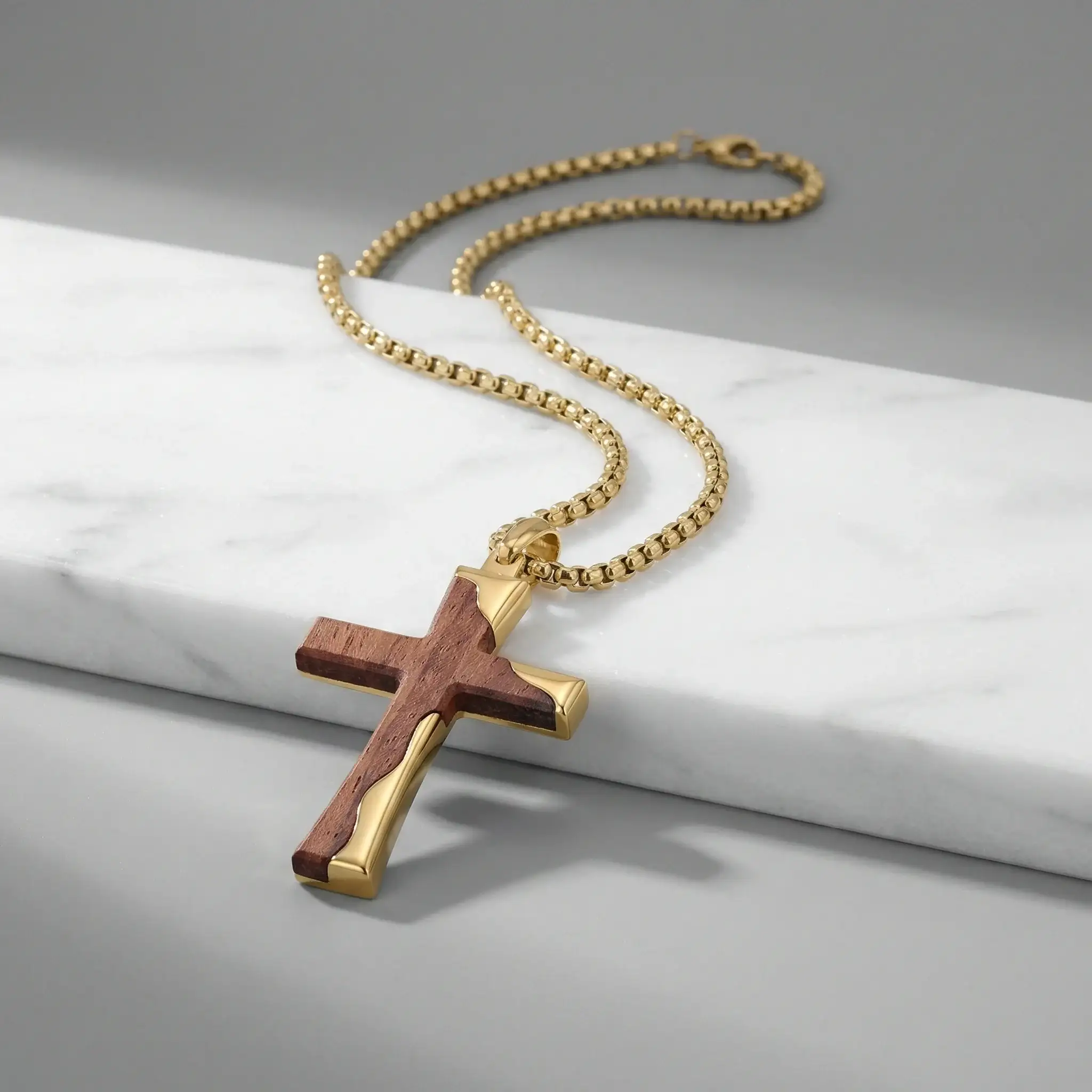 Gold Stainless Steel Cross Pendant with Bubinga Wood Inlay and 22in Matching Chain - Image 6