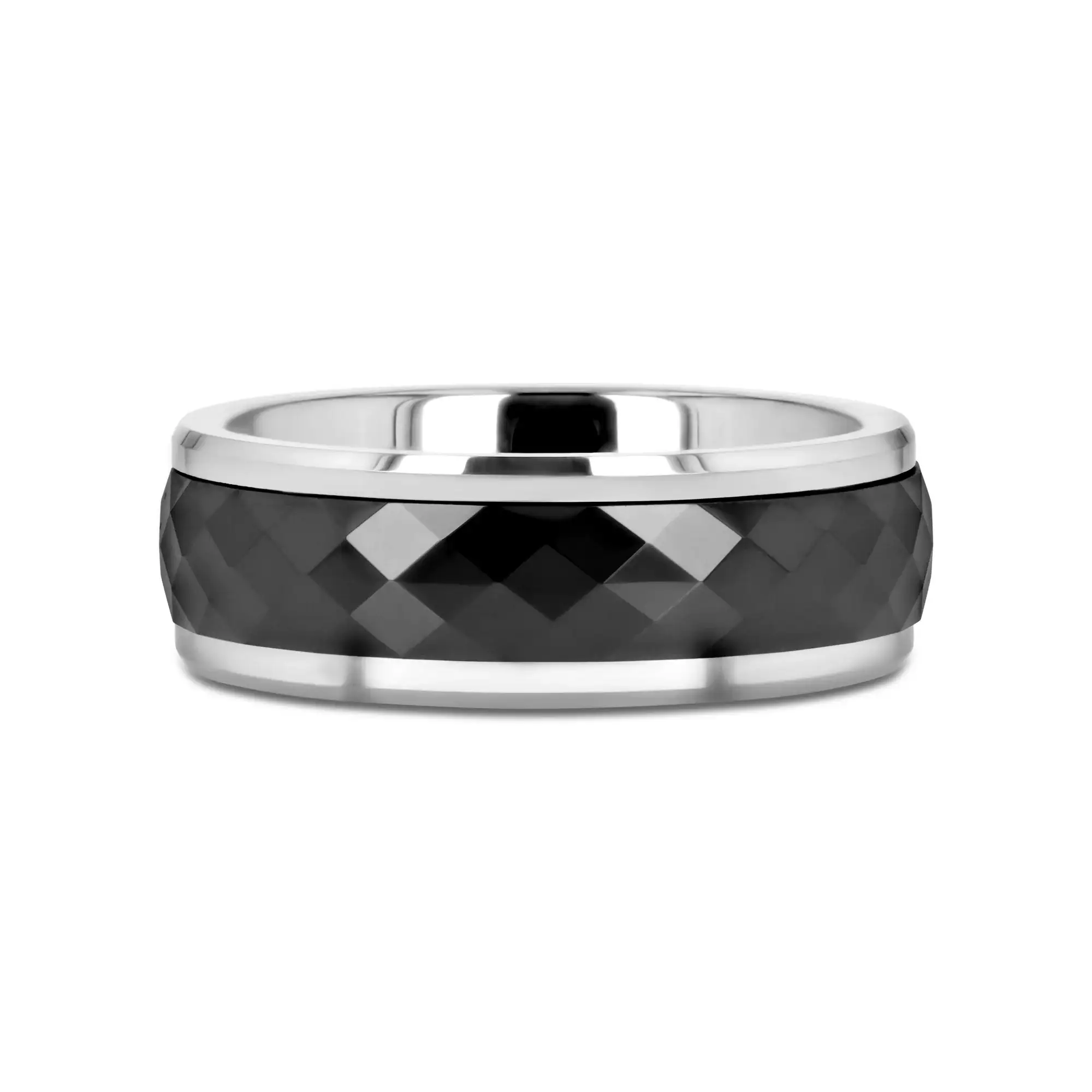HICKOK Polished Diamond Faceted Black Ceramic Spinner Ring with Beveled Edges - 8mm - Image 3