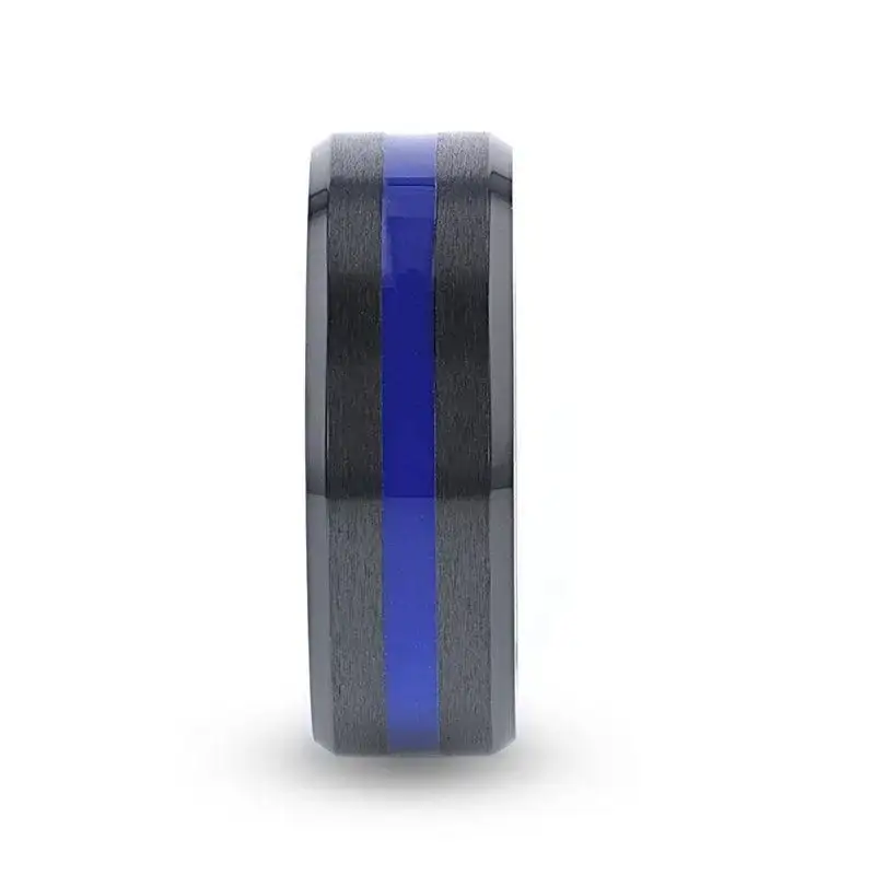 JACKSEN Black Titanium Men's Wedding Band Beveled Black Titanium With Blue Stripe Inlaid Brushed Finish Center And Polished Beveled Edges - 8mm - Image 2