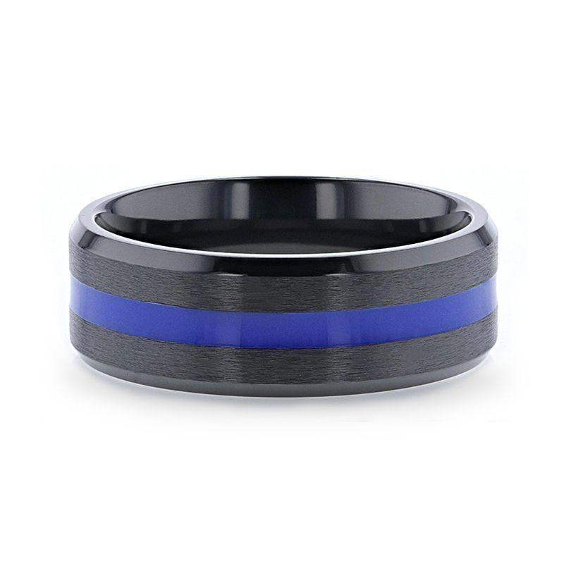 JACKSEN Black Titanium Men's Wedding Band Beveled Black Titanium With Blue Stripe Inlaid Brushed Finish Center And Polished Beveled Edges - 8mm - Image 3