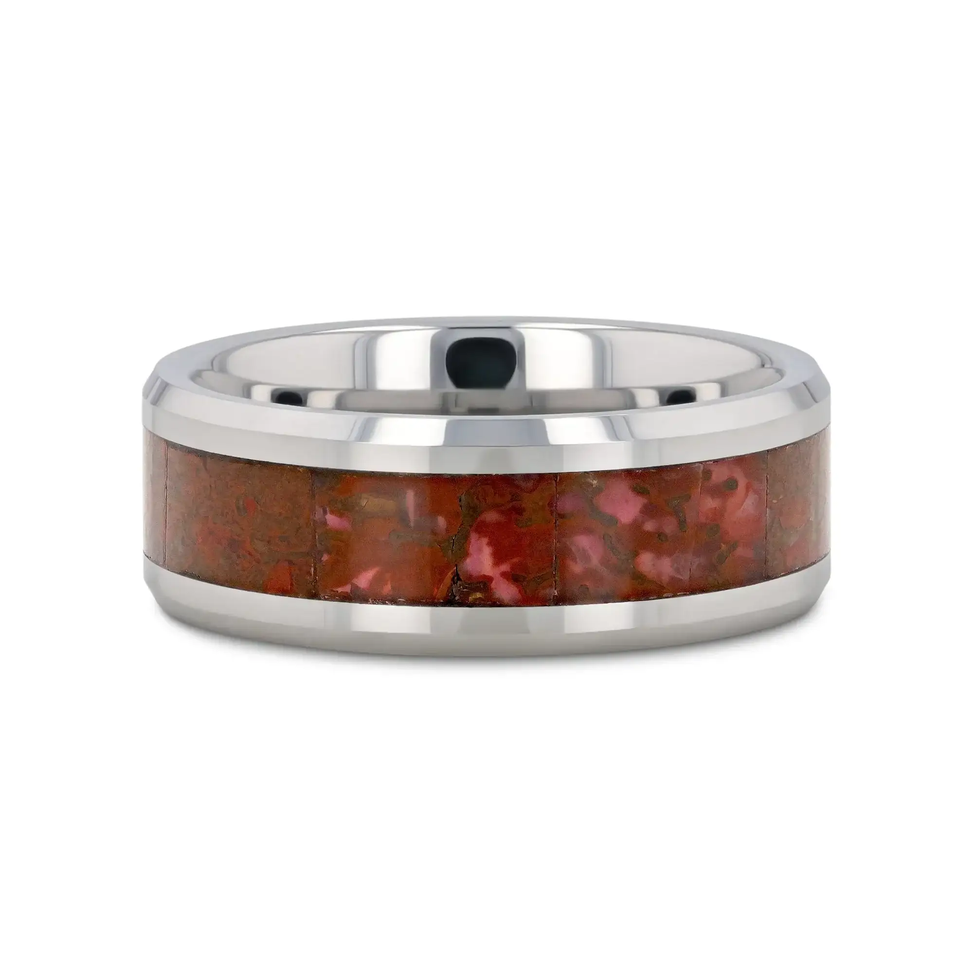 JURASSIC Red Dinosaur Bone Inlaid Tungsten Carbide Beveled Edged Ring - 4mm & 8mm - Image 3