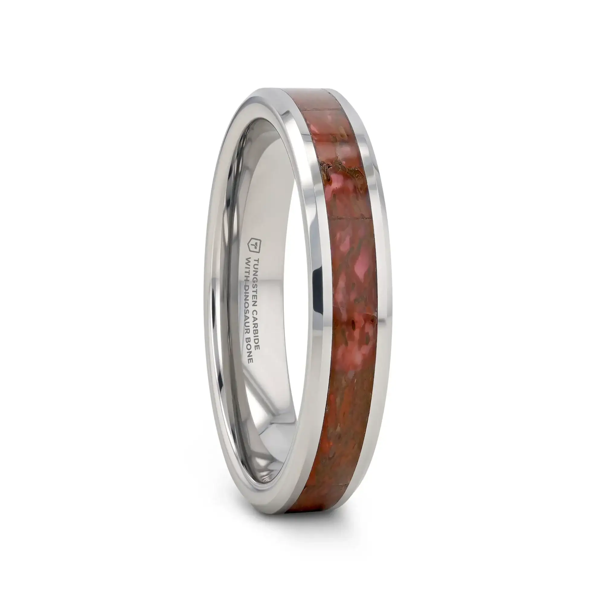 JURASSIC Red Dinosaur Bone Inlaid Tungsten Carbide Beveled Edged Ring - 4mm & 8mm - Image 4