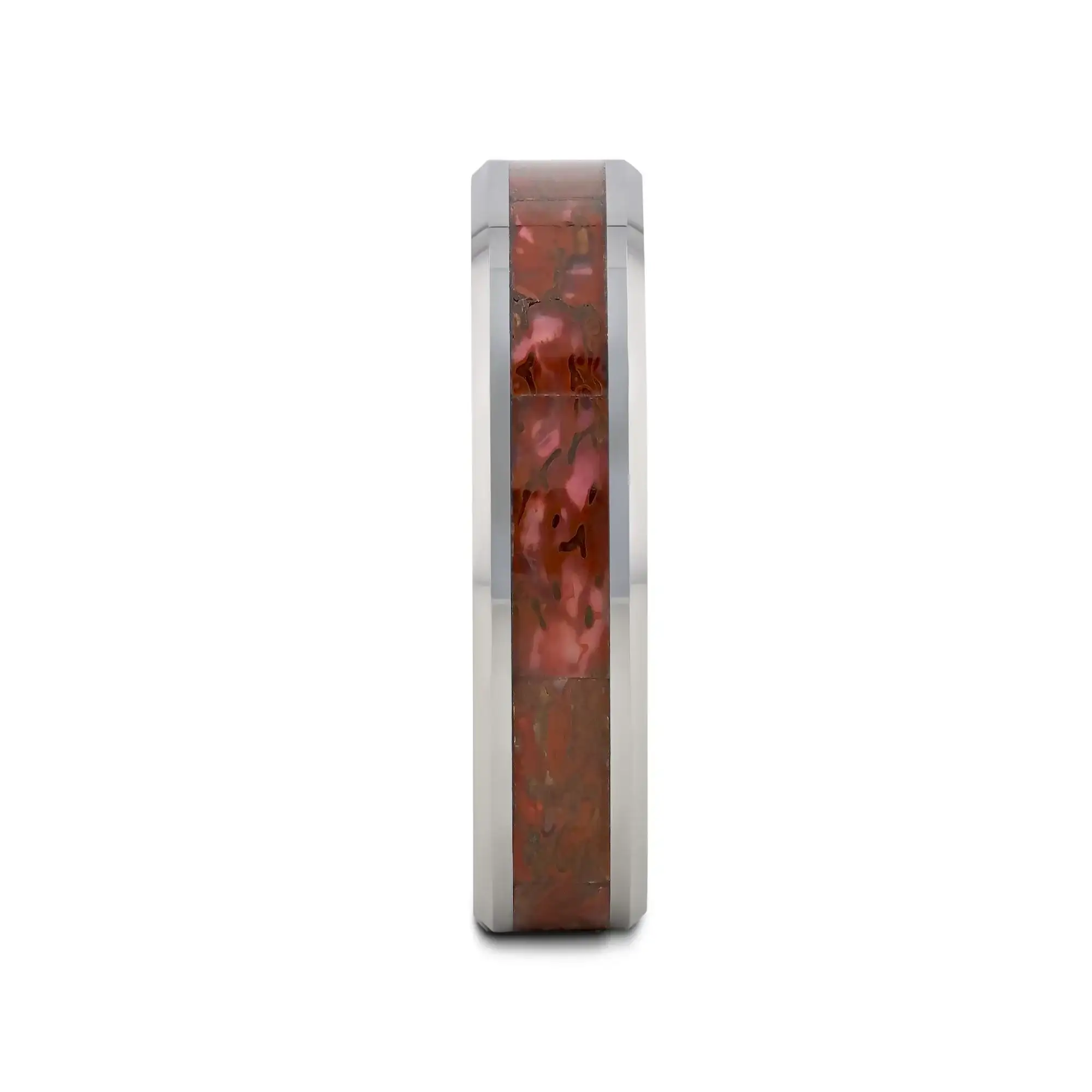 JURASSIC Red Dinosaur Bone Inlaid Tungsten Carbide Beveled Edged Ring - 4mm & 8mm - Image 5