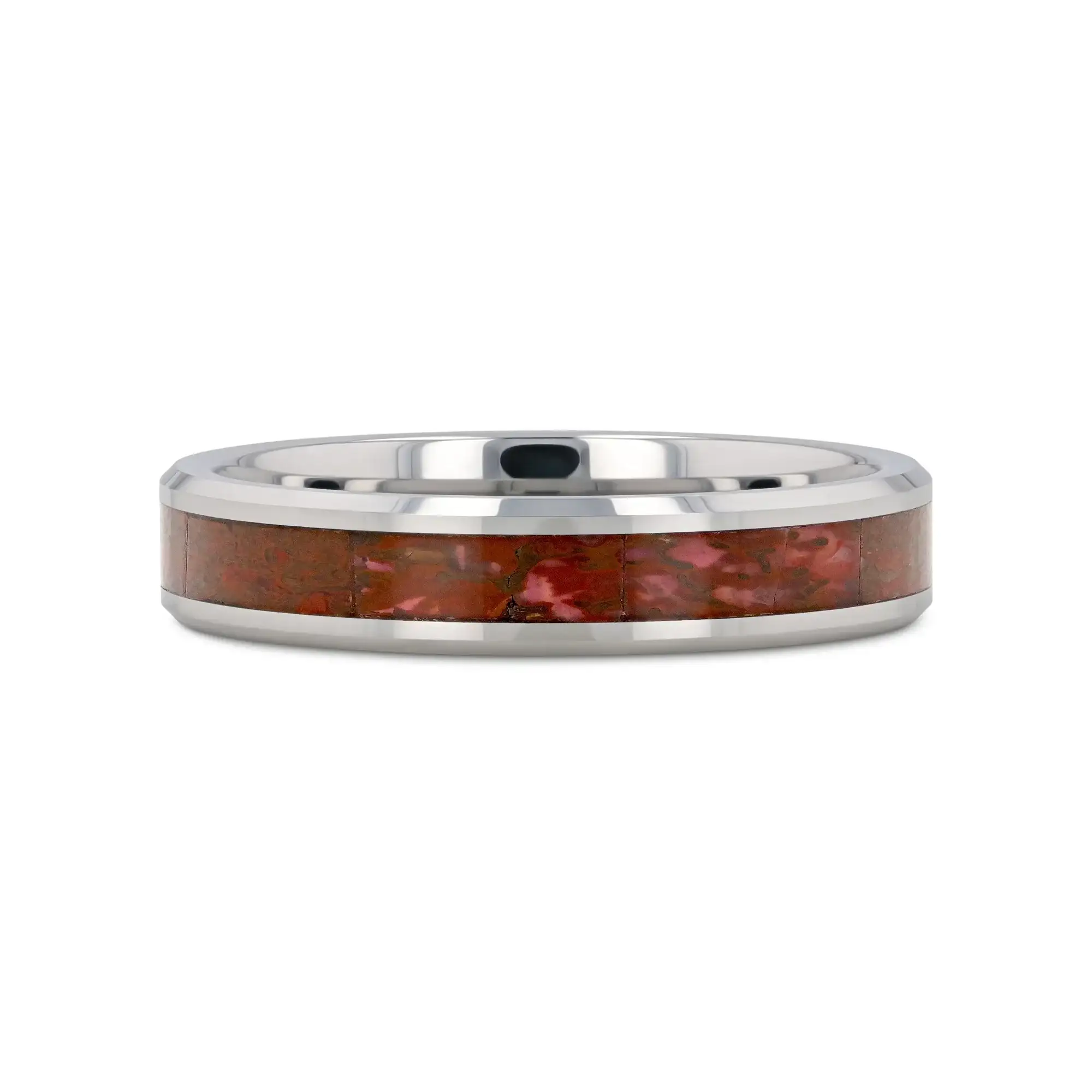 JURASSIC Red Dinosaur Bone Inlaid Tungsten Carbide Beveled Edged Ring - 4mm & 8mm - Image 6