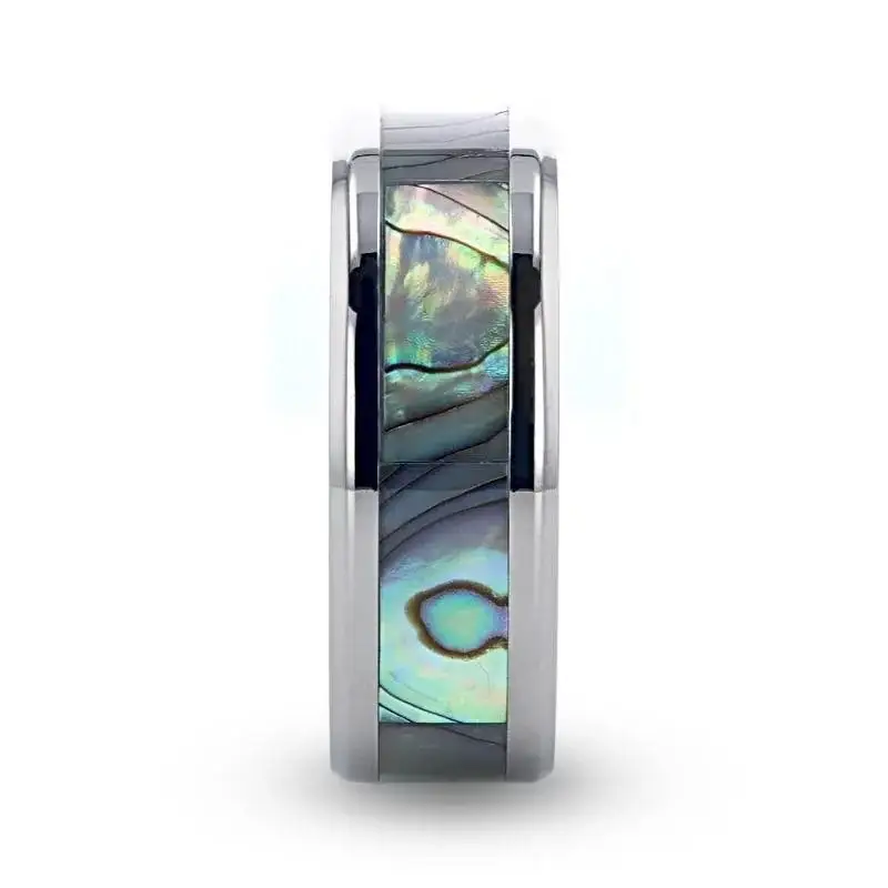 KAUI Titanium Polished Finish Mother Of Pearl Inlaid Men’s Beveled Wedding Band - 6mm & 8mm - Image 2
