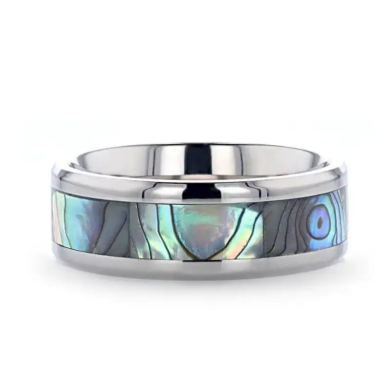 KAUI Titanium Polished Finish Mother Of Pearl Inlaid Men’s Beveled Wedding Band - 6mm & 8mm - Image 3