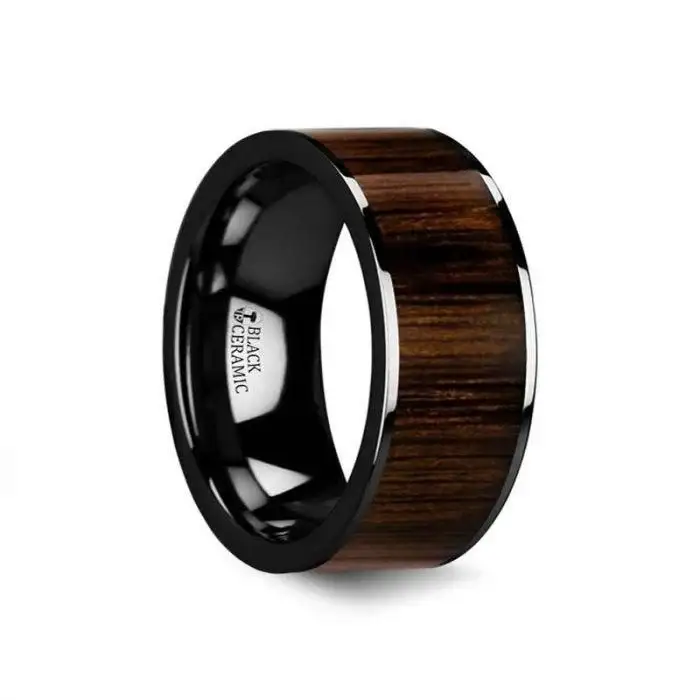 KENDO Black Ceramic Polished Finish Ring with Black Walnut Wood Inlay - 6mm - 10mm - Image 3