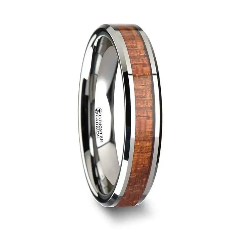 KHAYA Tungsten Band with Polished Bevels and Real Hardwood Mahogany Inlay - 4mm - 10mm - Image 2